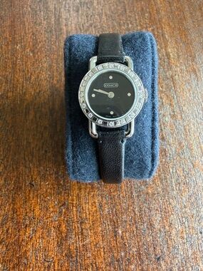 COACH Women's Black Leather Crystal Bezel Watch